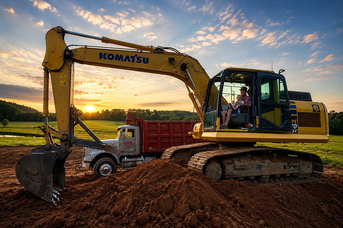 C&H Hauling and Excavating excavator and dump truck moving dirt at sunset in Cullman County, AL